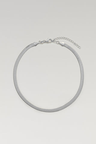 A silver-toned metal snake chain necklace with a lobster clasp and extender chain, photographed on a clean light gray background.