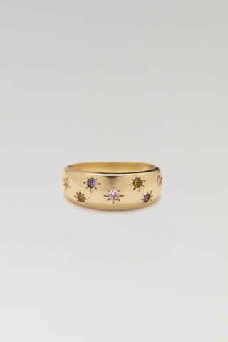 Jude ring, gold plated, front view of the domed band with star-set coloured cubic zirconia
