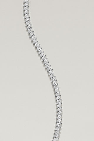 Nico tennis bracelet, silver plated, close-up of the angled marquise-cut cubic zirconia in claw settings