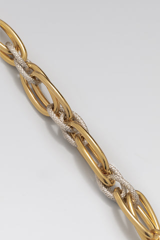 Allegra chain close-up, gold plated oval links interlocked with textured rhodium plated links