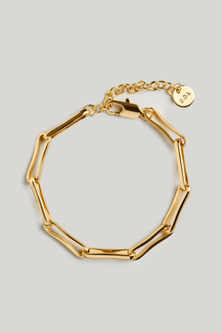 A gold paperclip chain bracelet with a lobster clasp and an adjustable extender chain featuring a small engraved tag, displayed on a neutral light gray background.