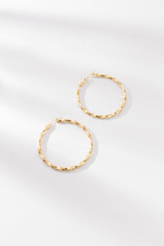 Pair of Carmela gold twisted hoop earrings on white background