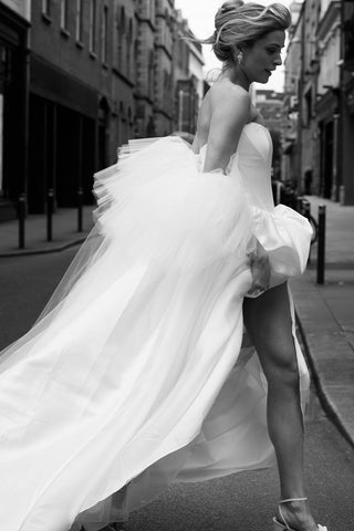 Genevieve earrings styled with dramatic bridal gown editorial