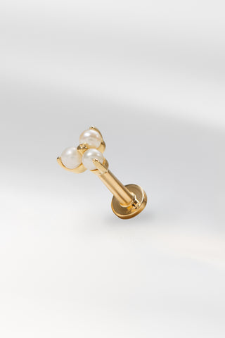Sera flat back earring in gold featuring three pearls on a white background