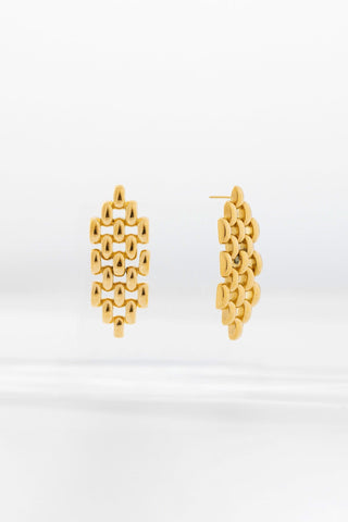 Vivienne Earrings, woven matte gold drop earrings with sculptural layered links and bold statement design.
